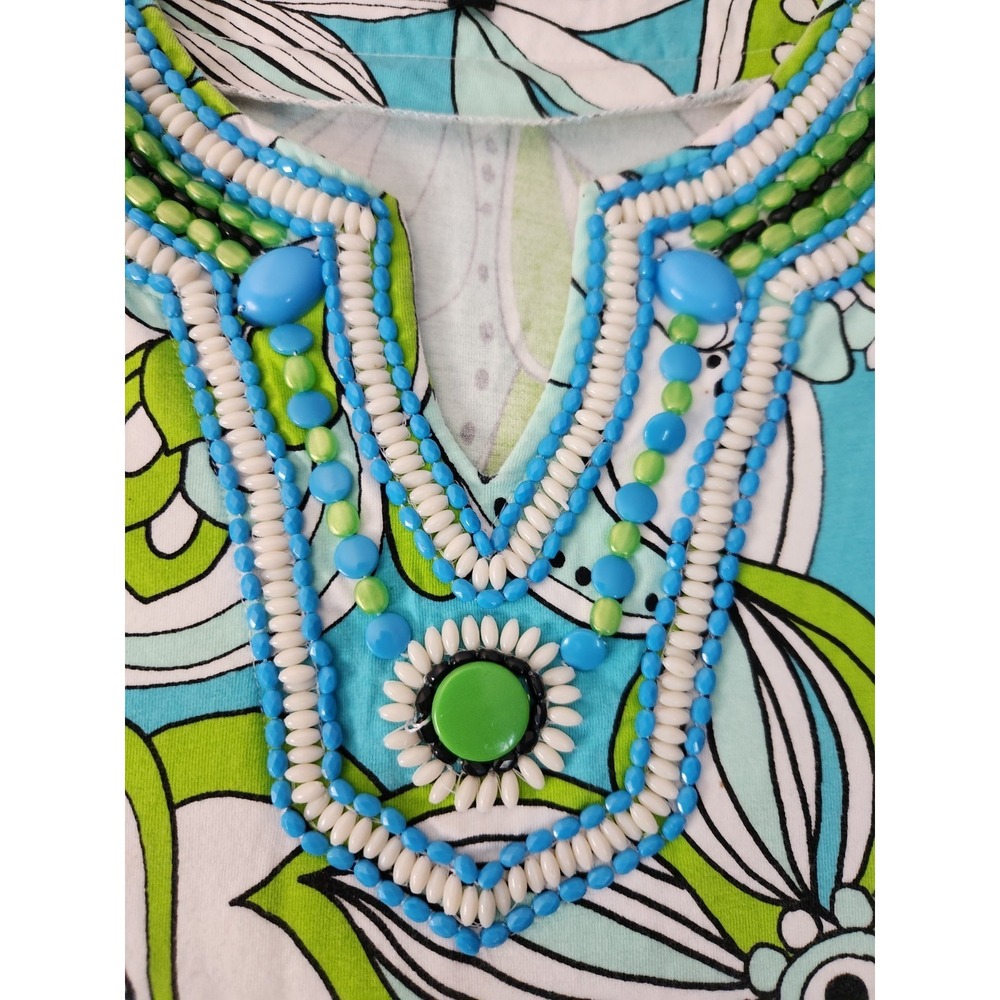 Key Lime & Pink Embelished Hippie Boho Tunic Top Dress Retro 90s Sz L 3/4 Sleeve - Picture 3 of 10